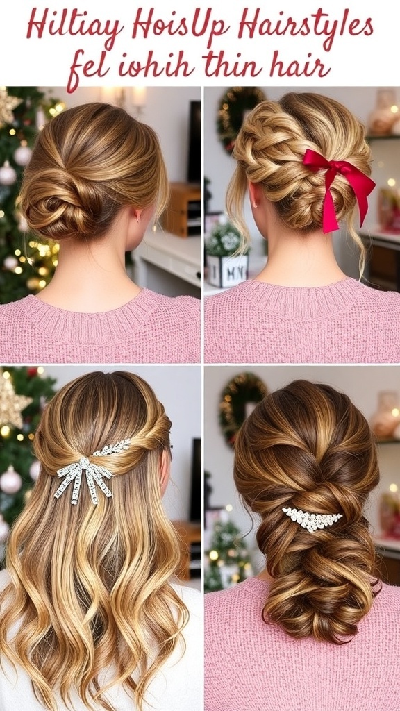 Elegant Christmas Hairstyles for Thin Hair A collection of Christmas hairstyles for thin hair including a messy bun, braided crown, loose waves, and half-up twisted style, decorated with holiday accessories.